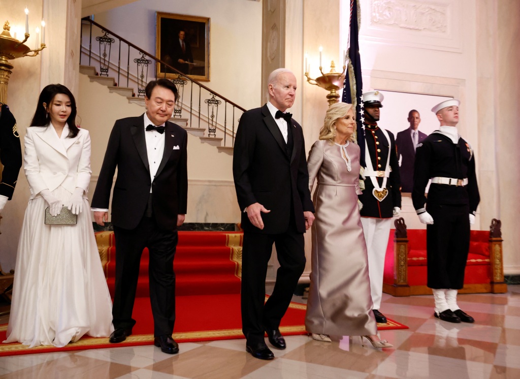 President Joe Biden and first lady Jill Biden walk with South Korea's President Yoon Suk Yeol and first lady Kim Keon Hee 