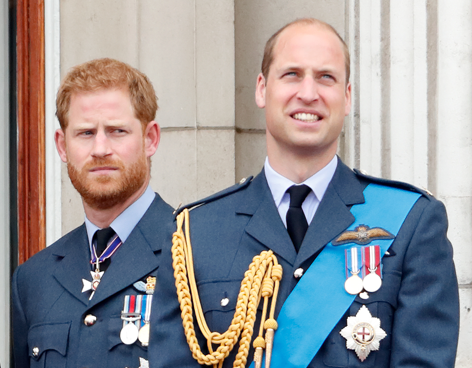 Prince Harry and Prince William standing next to each other in military uniforms. 