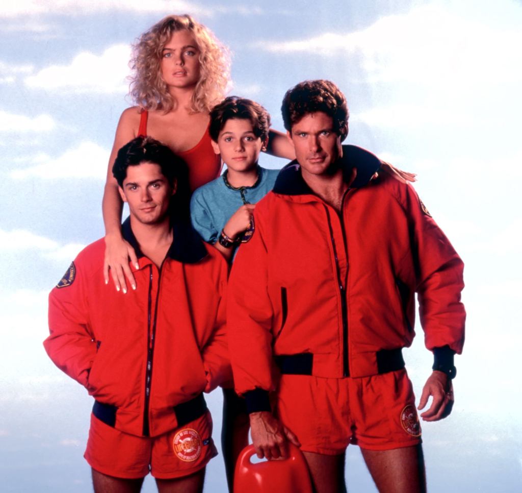 Erika Eleniak as Shauni McClain, Billy Warlock as Eddie Kramer, Jeremy Jackson s Hobie Buchannon and David Hasselhoff as Lt Mich Buchannon