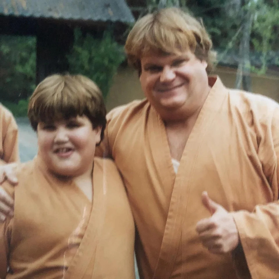 Jason Davis, Patty Raynes' late nephew, on the set of "Beverly Hills Ninja" with the late actor Chris Farley in 1997.