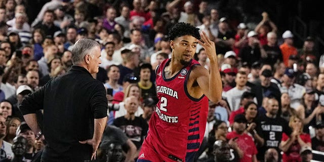 Florida Atlantic guard Nicholas Boyd celebrates after scoring against San Diego State during the first half of a Final Four college basketball game in the NCAA Tournament on Saturday, April 1, 2023, in Houston.