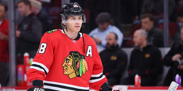 Patrick Kane of the Chicago Blackhawks prior to a game against the Vegas Golden Knights at United Center Feb. 21, 2023, in Chicago.