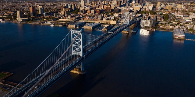 An aerial view of the Ben Franklin Bridge and Philadelphia from Cooper Point in Camden, N.J. 