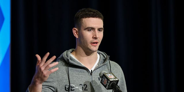 Quarterback Stetson Bennett of Georgia speaks to the media during the NFL Combine at Lucas Oil Stadium on March 3, 2023 in Indianapolis, Indiana. 