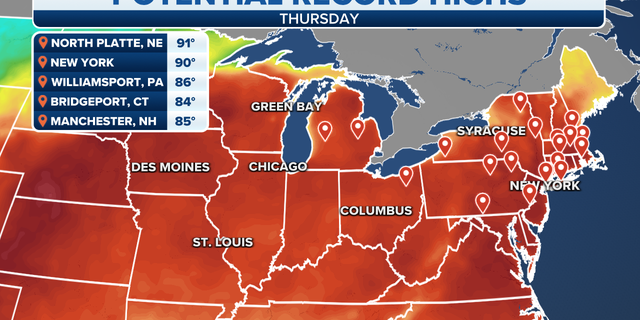 Potential record high temperatures on Thursday from the Great Lakes to the Northeast