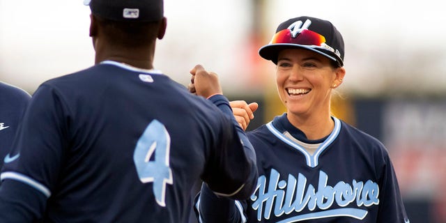 Ronnie Gajownik of the Hillsboro Hops greets players during a pregame ceremony before the Hillsboro Hops faced the Tri-City Dust Devils at Gesa Stadium Thursday, April 6, 2023, in Paseco, Wash. 