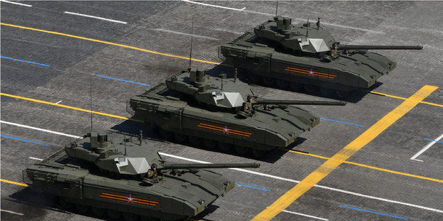 Russian tanks in formation in Moscow