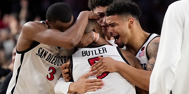 San Diego State reacts after their Final Four win against Florida Atlantic on Saturday, April 1, 2023, in Houston.