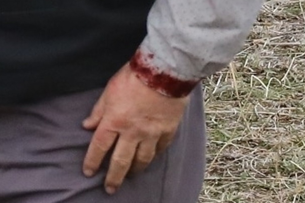 Baldwin's costume included a blood-stain on his cuff.