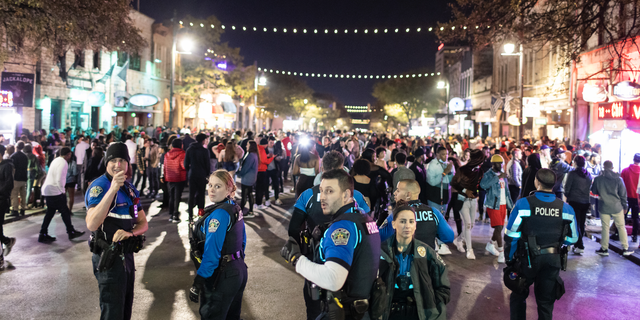 Austin police patrolling 6th Street, one of the busiest nightlife districts in Austin, Texas. 