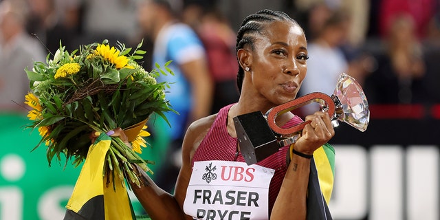 Shelly-Ann Fraser-Pryce celebrates following their victory in Women's 100 Metres during the Weltklasse Zurich 2022, part of the 2022 Diamond League series at Stadion Letzigrund on Sept. 8, 2022 in Zurich.