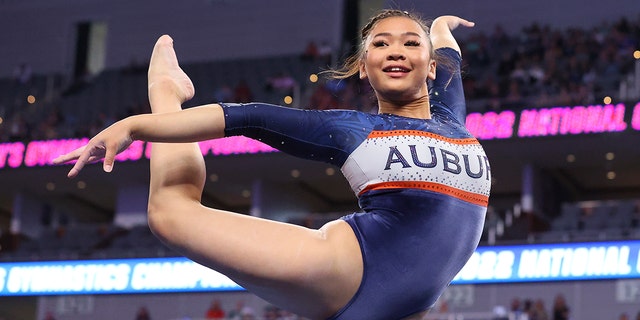 Sunisa Lee of the Auburn Tigers competes in the floor exercise during the Division I Womens Gymnastics Championship held at Dickies Arena on April 16, 2022 in Fort Worth, Texas. 