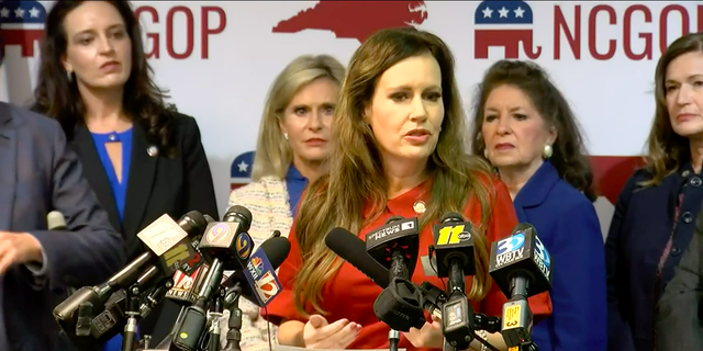 North Carolina state Rep. Tricia Cotham announces she's leaving the Democratic Party and becoming a Republican at the North Carolina GOP headquarters in Raleigh, April 5, 2023.