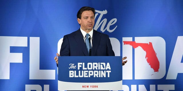 Florida Governor Ron DeSantis speaks during 'The Florida Blueprint' event on Long Island, New York, on April 1, 2023.