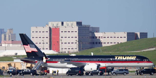 Former President Donald Trump's plane sits on the tarmac at LaGuardia Airport, Monday, April 3, 2023, in New York. 