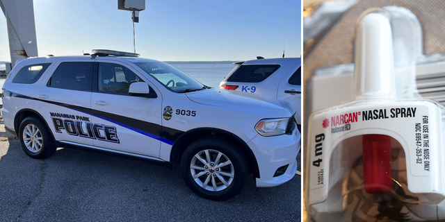 Manassas Park police car left, Narcan spray applicator at right