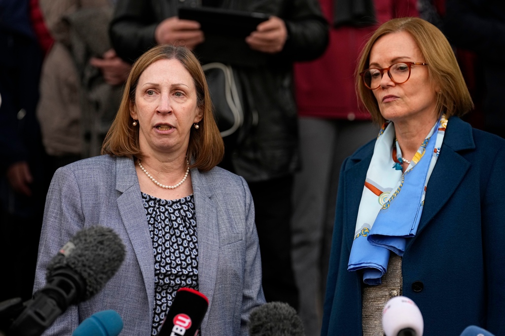 U.S. Ambassador to Russia Lynne Tracy, left, and British ambassador to Russia Deborah Bronnert speak to the media after the sentence of Russian opposition activist Vladimir Kara-Murza at the Moscow City Court in Moscow, Russia, on Monday, April 17, 2023. 