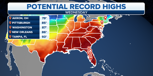 Potential record high temperatures on Wednesday in the Southeast