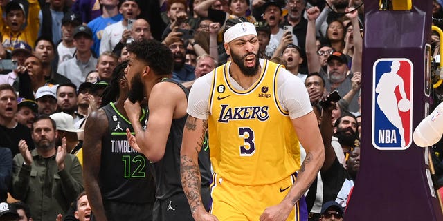 Anthony Davis #3 of the Los Angeles Lakers celebrates during the 2023 Play-In Tournament on April 11, 2023, at Crypto.Com Arena in Los Angeles, California.