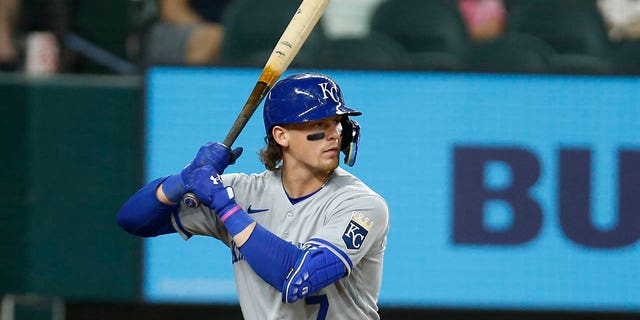 Bobby Witt Jr. #7 of the Kansas City Royals bats in the game against the Texas Rangers at Globe Life Field on May 10, 2022 in Arlington, Texas.