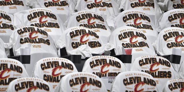 T-shirts laid out for fans before Round One Game Two of the 2023 NBA Playoffs between the New York Knicks and the Cleveland Cavaliers on April 18, 2023 at Rocket Mortgage FieldHouse in Cleveland, Ohio. 