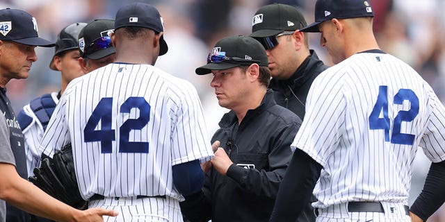 Umpire DJ Reyburn, #17, checks Domingo German of the New York Yankees in the fourth inning during a game against the Minnesota Twins at Yankee Stadium on April 15, 2023, in Bronx, New York. All players are wearing the #42 in honor of Jackie Robinson Day. 