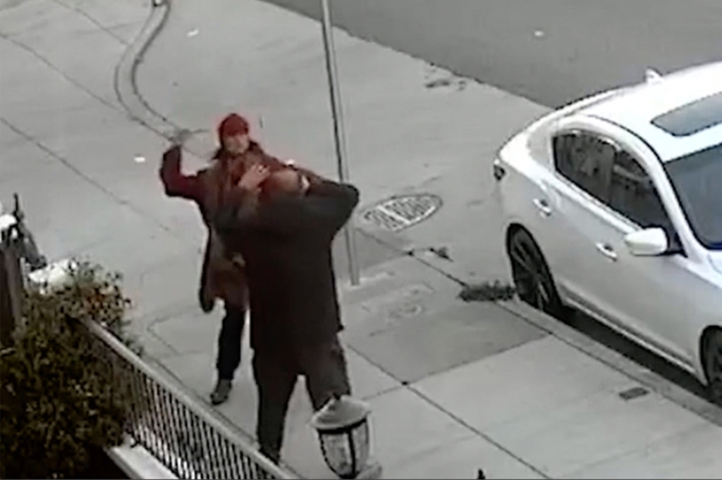 Footage shows the suspect believed to be Doty chasing after Carmignani with a long metal pipe. 