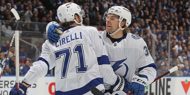 Anthony Cirelli #71 of the Tampa Bay Lightning celebrates a goal with teammate Brandon Hagel #38 against the Toronto Maple Leafs during Game One of the First Round of the 2023 Stanley Cup Playoffs at Scotiabank Arena on April 18, 2023, in Toronto, Ontario, Canada. 