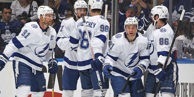 Brayden Point #21 of the Tampa Bay Lightning celebrates a goal against the Toronto Maple Leafs during Game One of the First Round of the 2023 Stanley Cup Playoffs at Scotiabank Arena on April 18, 2023, in Toronto, Ontario, Canada.