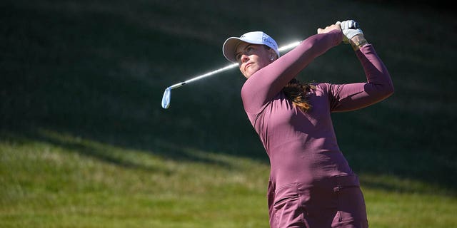 Linn Grant hits her second shot on the fifth hole during the TOTO Japan Classic at Seta Golf Course North Course on Nov. 6, 2022, in Otsu, Shiga. 