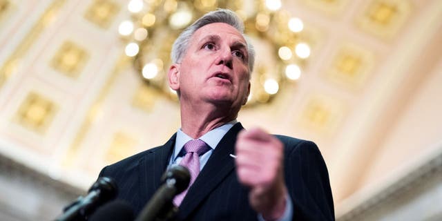 Speaker of the House Kevin McCarthy, R-Calif., conducts a news conference in the U.S. Capitol's Statuary Hall on Thursday, January 12, 2023. (Tom Williams/CQ-Roll Call, Inc via Getty Images)