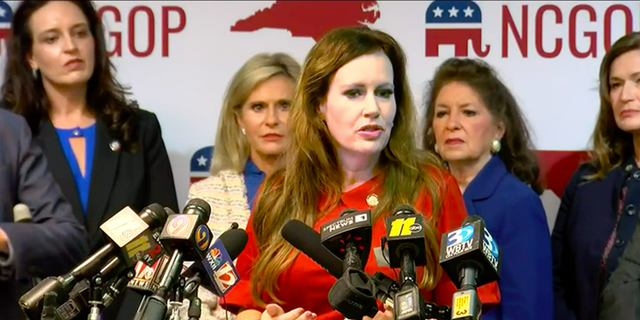 North Carolina state Rep. Tricia Cotham announces she's leaving the Democratic Party and becoming a Republican at the North Carolina GOP headquarters in Raleigh, April 5, 2023.