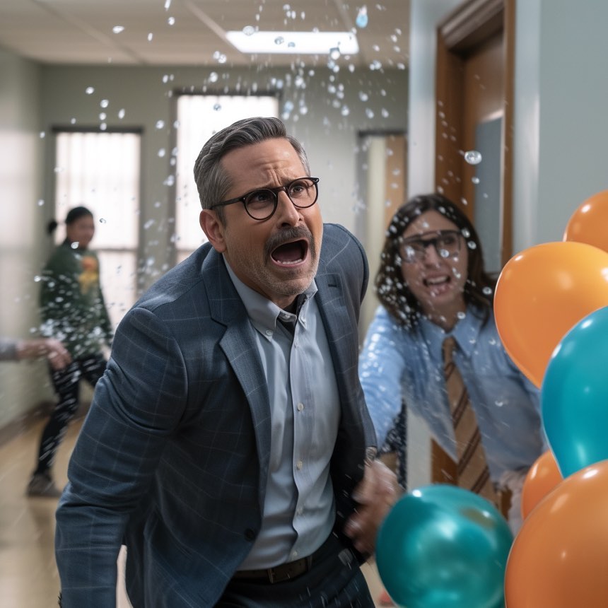 An AI replica of Steve Carell fell victim to a water balloon prank.