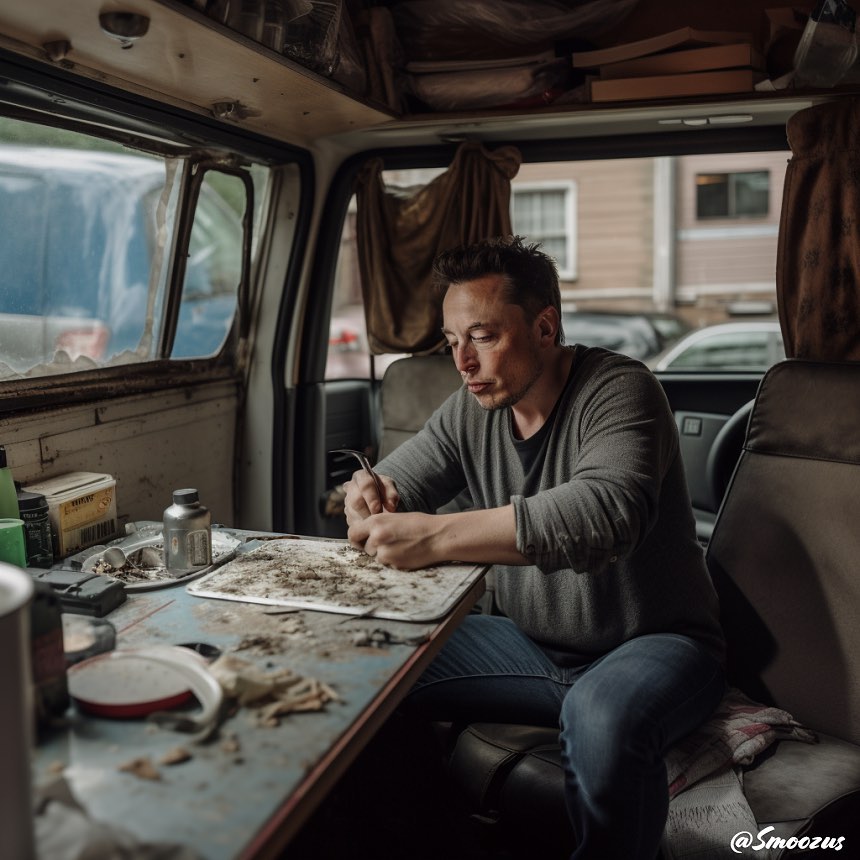 Elon Musk was rendered as a humble man living inside a mobile home.