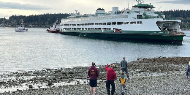 Onlookers watch as a vessels assist a ferry that ran aground near Bainbridge Island in Washington state on Saturday.