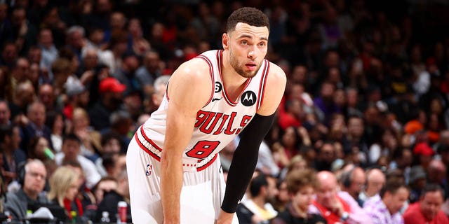 Zach LaVine of the Chicago Bulls during a game against the Toronto Raptors in the 2023 play-in tournament April 12, 2023, at the Scotiabank Arena in Toronto. 