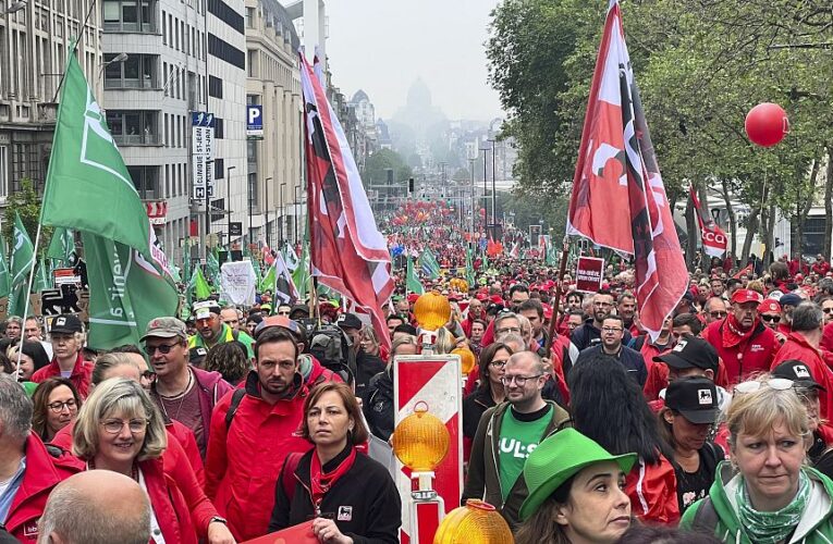 Belgian workers protest against poor working conditions and their right to strike