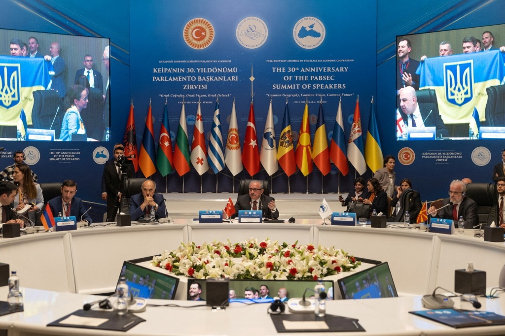 Turkish Parliament Speaker Mustafa Sentop speaks during a meeting of the Parliamentary Assembly of the Black Sea Economic Cooperation in Ankara, Turkey on May 4, 2023. 