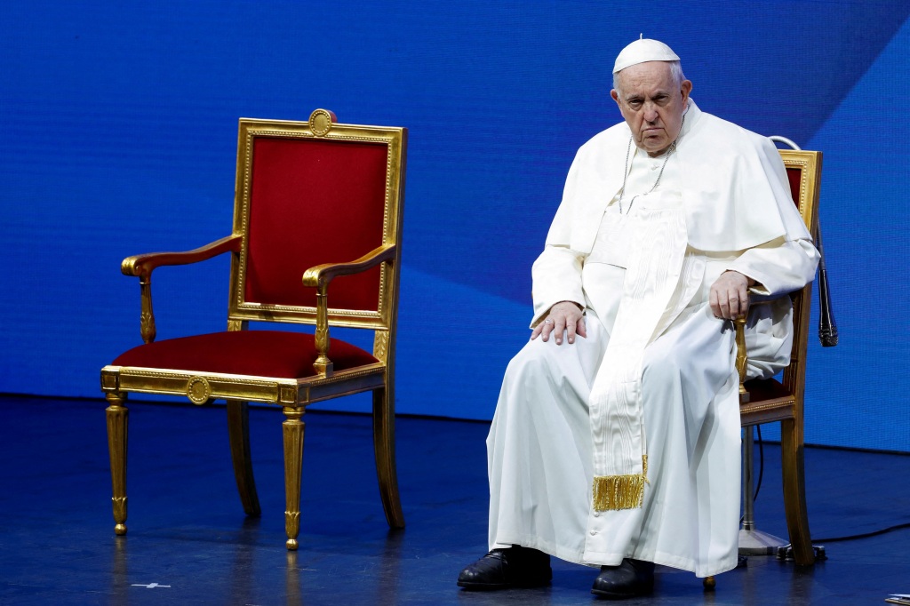 Pope Francis attends a national confront on demographics in Rome, Italy, on May 12, 2023.