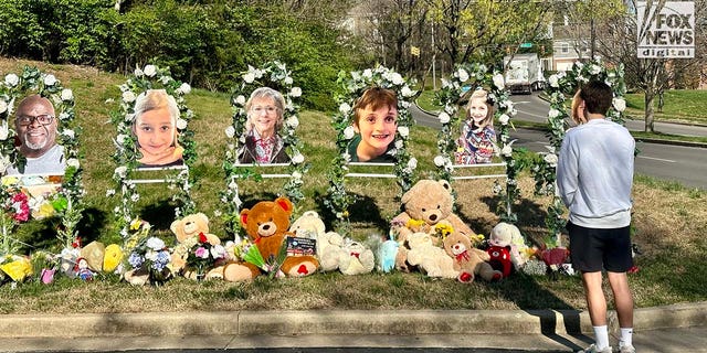 Memorials for the six victims who were killed in a mass shooting are placed outside of The Covenant School