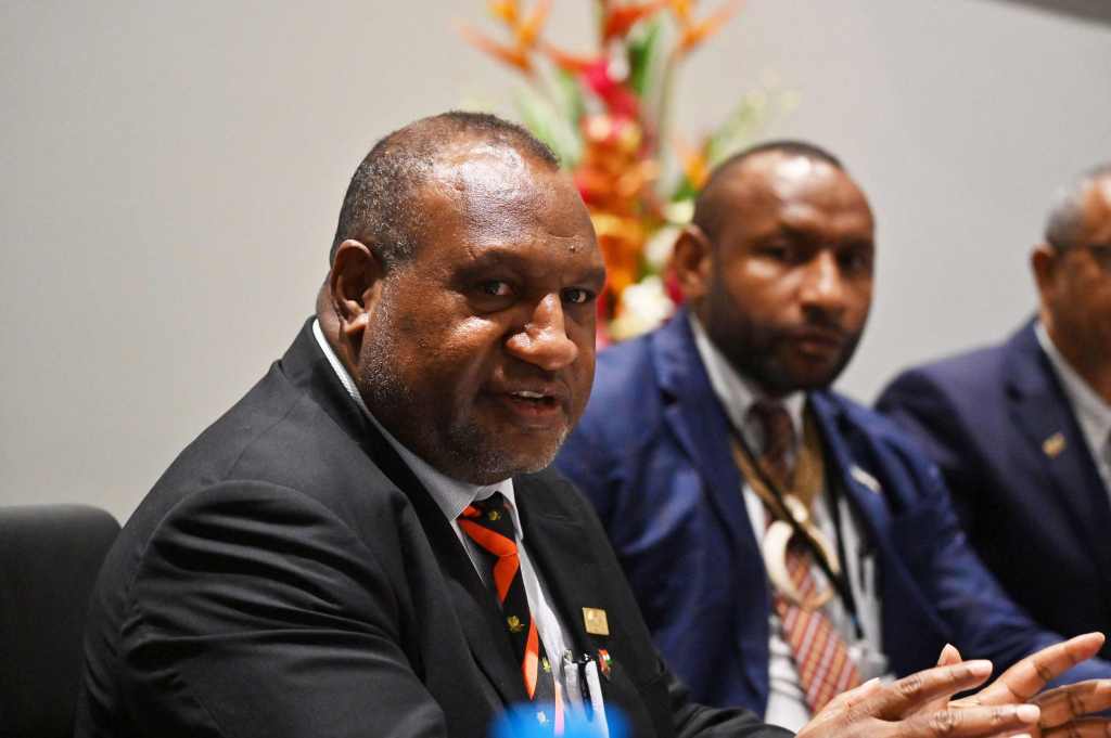 Papua New Guinea's Prime Minister James Marape holds a bilateral meeting with US Secretary of States Antony Blinken (not pictured) on the sidelines of the Forum for India-Pacific Islands Cooperation at APEC Haus in Port Moresby on May 22, 2023.