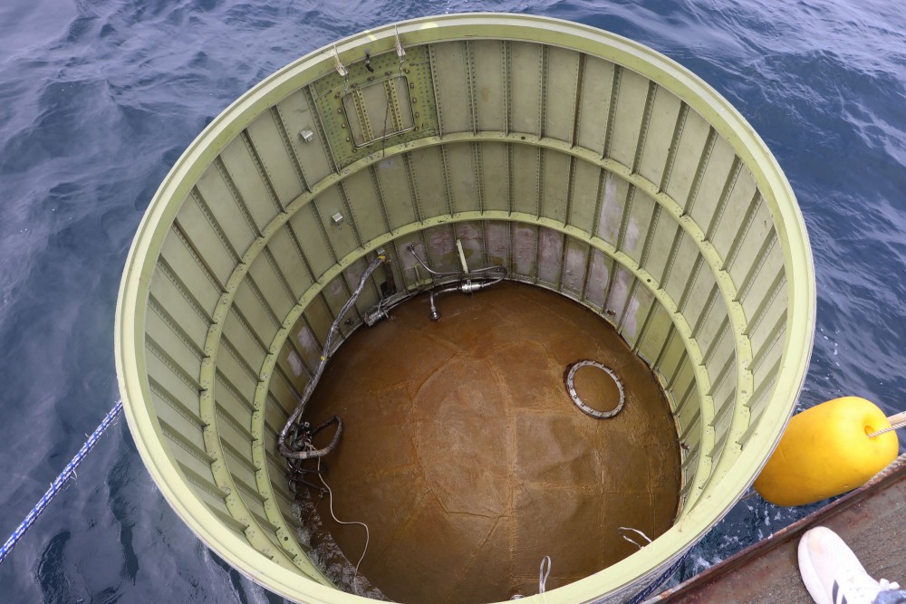 The object is shown up close upon examination by South Korea's military in waters west of Eocheong Island in the Yellow Sea on May 31, 2023. 