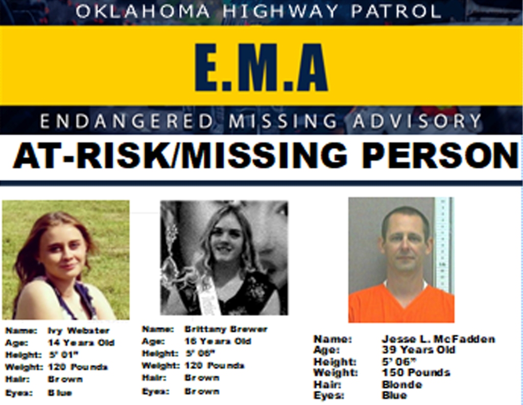 This missing poster provided by the Oklahoma Highway Patrol shows 14-year-old Ivy Webster, left, 16-year-old Brittany Brewer, center, and Jesse McFadden — who were reported missing on May 1, 2023. 