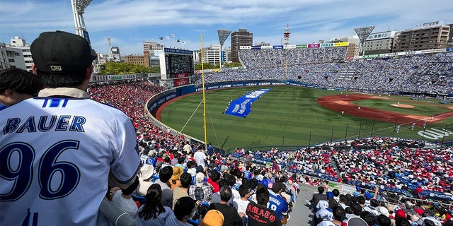 A crowd watches Trevor Bauer pitch