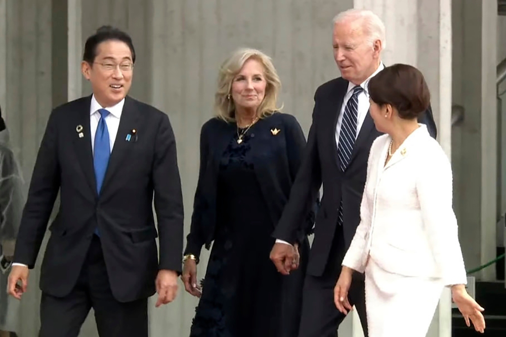 U.S. President Joe Biden, first lady Jill Biden, Japan's Prime Minister Fumio Kishida and his wife Yuko Kishida head to Hiroshima Peace Memorial Museum at the Peace Memorial Park during the G7 Hiroshima Summit in Hiroshima, Japan, on May 19, 2023.