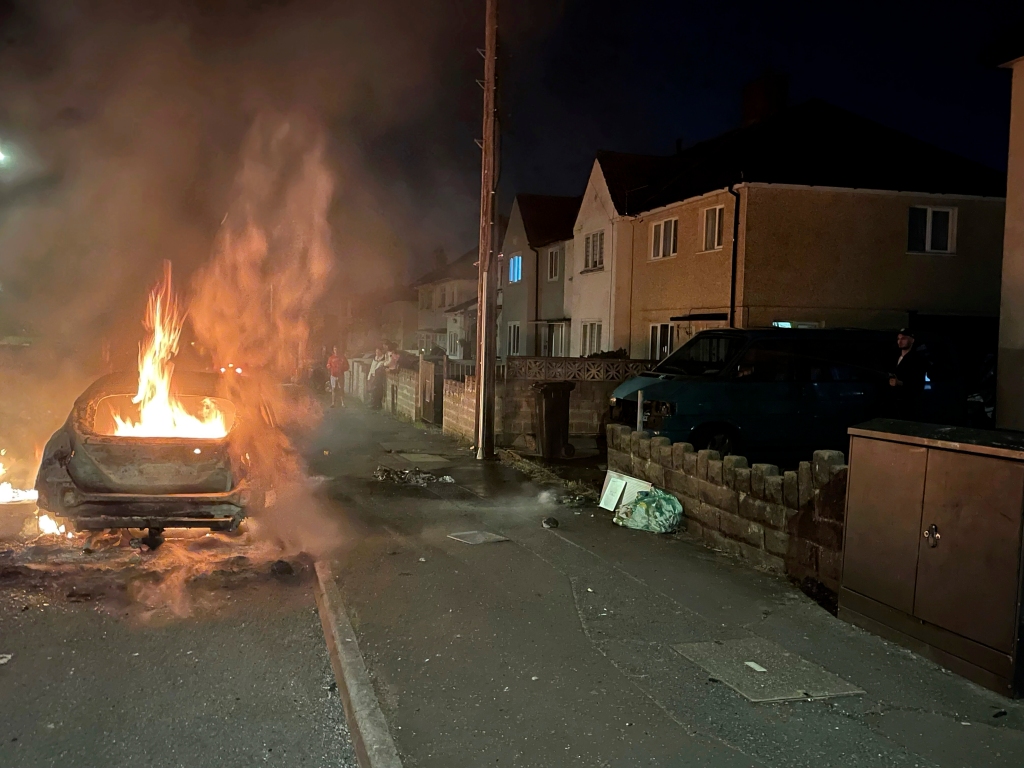 Another car burns after being set on fire, on Highmead Road, Ely, in Cardiff on May 23, 2023. 