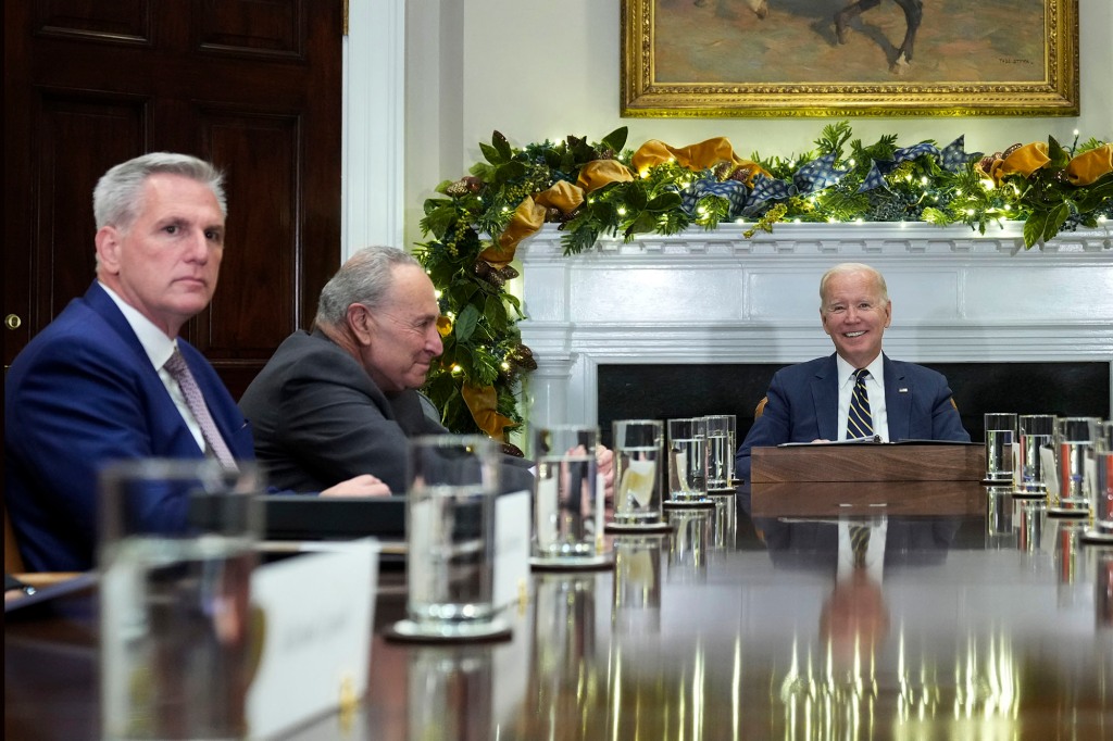 Biden meeting with congressional Kevin McCarthy and Senate Majority Leader Chuck Schume to discuss legislative priorities for the rest of the year, Nov. 29, 2022, in the Roosevelt Room of the White House in Washington.