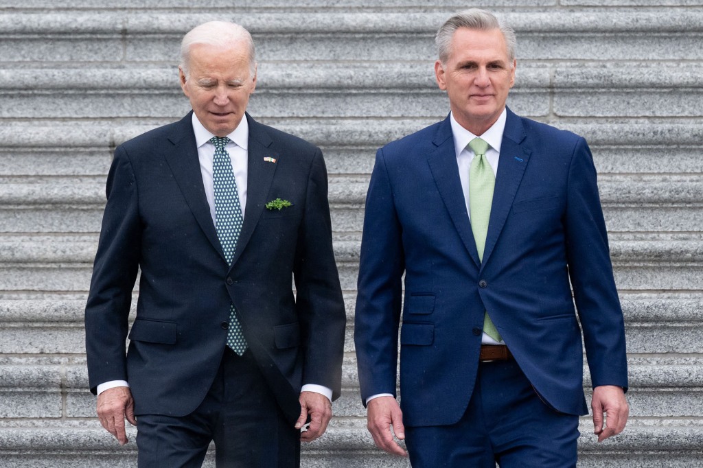 Biden and McCarthy departs after the annual Friends of Ireland luncheon on St. Patrick's Day at the US Capitol in Washington, DC, on March 17, 2023.