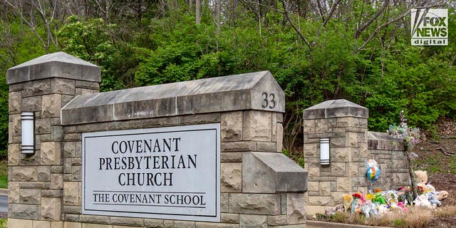 Memorials for the six victims who were killed in a mass shooting are placed outside of The Covenant School