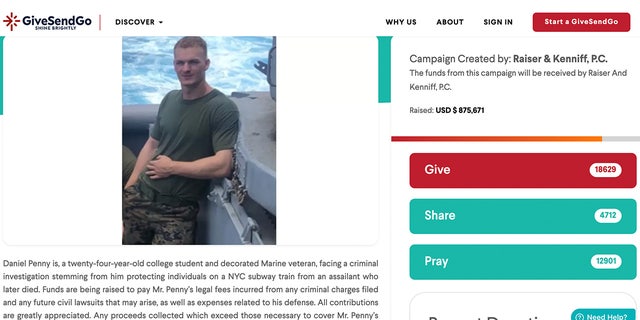 Daniel Penny's GiveSendGo campaign page wit his picture.